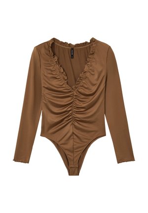 Body marrone a maniche lunghe con scollatura a V profonda arricciata e rifinitura a volant, silhouette aderente e chiusura a scatto discreta sul fondo.
