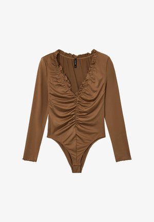 Body marron à manches longues avec décolleté en V profond plissé et bordures volantes, silhouette ajustée et fermeture à pression discrète au bas.
