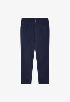 Tummansininen puuvillapuvunhousut, joissa on suora lahkeiden muotoilu, viisi taskua ja hopeanväriset yksityiskohdat. Tasainen pinta, jossa on minimaalista ommelta.