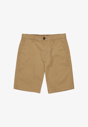 Beżowe szorty wykonane z bawełny o gładkiej fakturze. Posiadają zapięcie na guziki z przodu, kieszenie boczne oraz staranne wykończenie na krawędzi.