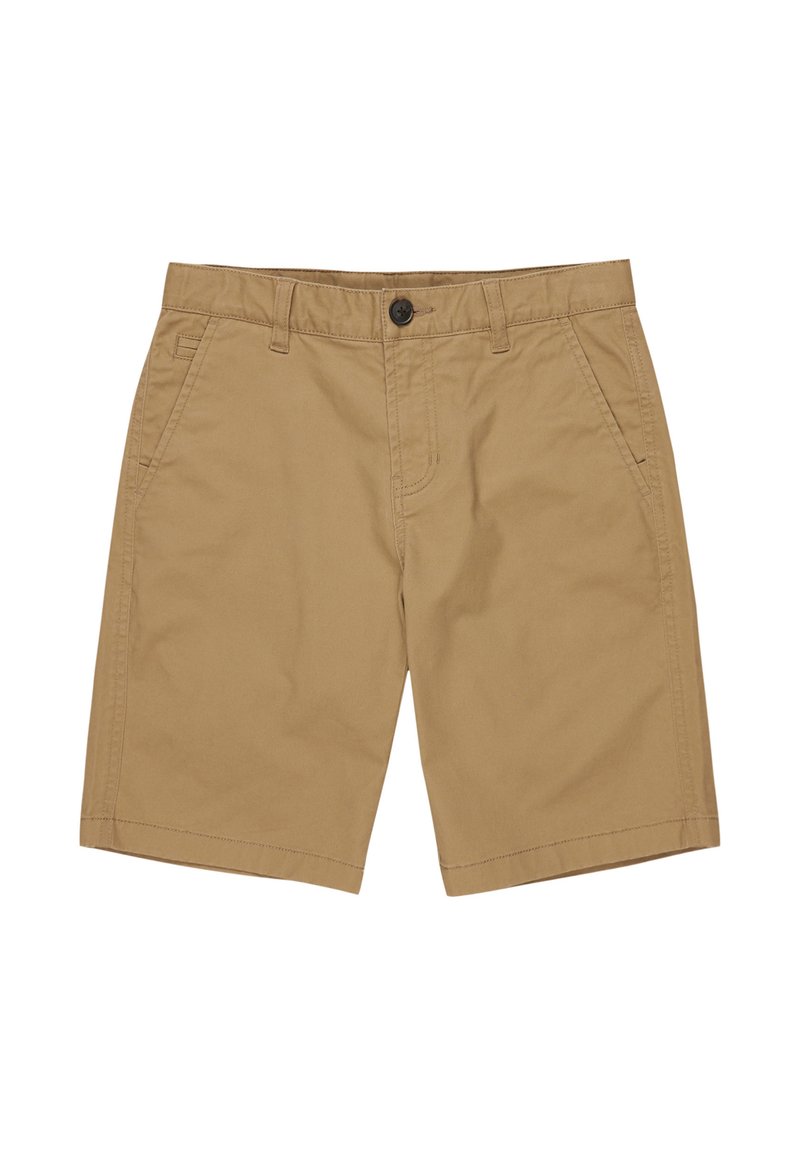 Kaki shorts lavet af bomuld med en glat tekstur. Har en front lynlås, sidelommer og ren syning langs kanten.