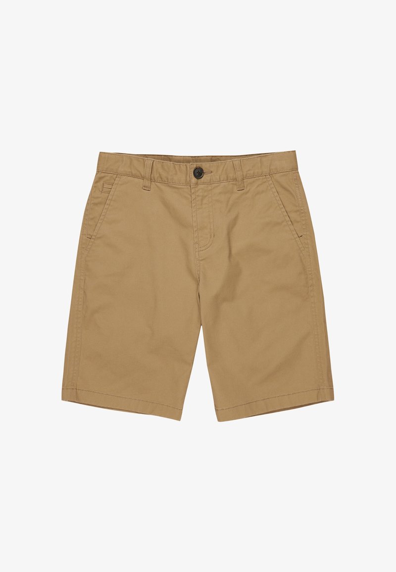 Khaki-shortsit, jotka on valmistettu puuvillasta, ovat sileä tekstuuriltaan. Niissä on edessä nappikiinnitys, sivutaskut ja siisti ommel helman varrella.