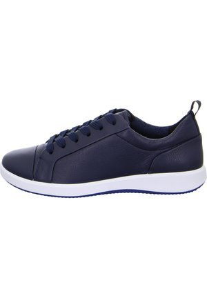 Marineblaue Leder-Sneaker mit runder Zehenpartie, Schnürdesign und einer weißen Gummisohle. Verfügt über eine hintere Zuglasche und eine glatte Textur.