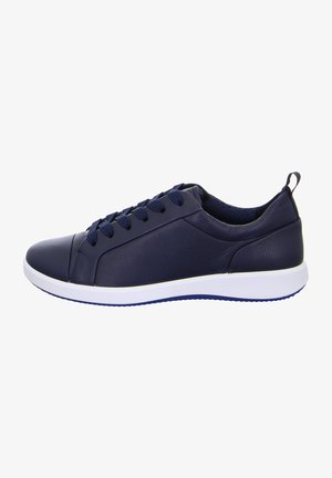 Marineblaue Leder-Sneaker mit runder Zehenpartie, Schnürdesign und einer weißen Gummisohle. Verfügt über eine hintere Zuglasche und eine glatte Textur.