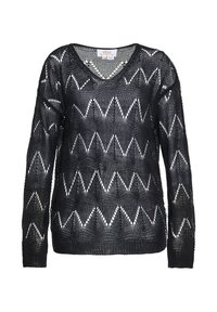 Schwarzer Strickpullover mit V-Ausschnitt, langen Ärmeln und Zickzackmuster in offenem Gewebe. Gerippte Bündchen und Saum. Leichtes Material.