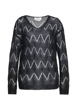 Čierny pletený sveter s V-výstrihom, dlhými rukávmi a textura s otvoreným tkaním v cik-cak vzore. Ribovanými manžetami a spodným lemom. Ľahký materiál.