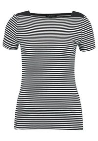 T-shirt à manches courtes noir et blanc à rayures, avec un décolleté carré et des accents d'épaule noirs unis, fabriqué en coton doux.