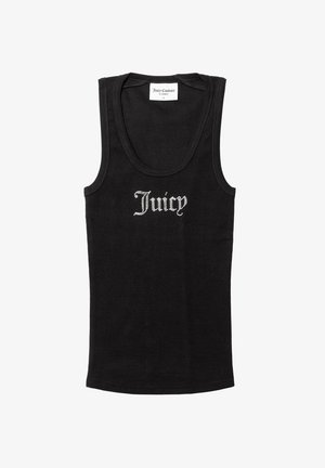 Top nero a costine con scollo a barca e la parola "Juicy" decorata con accenti di cristallo sul davanti.