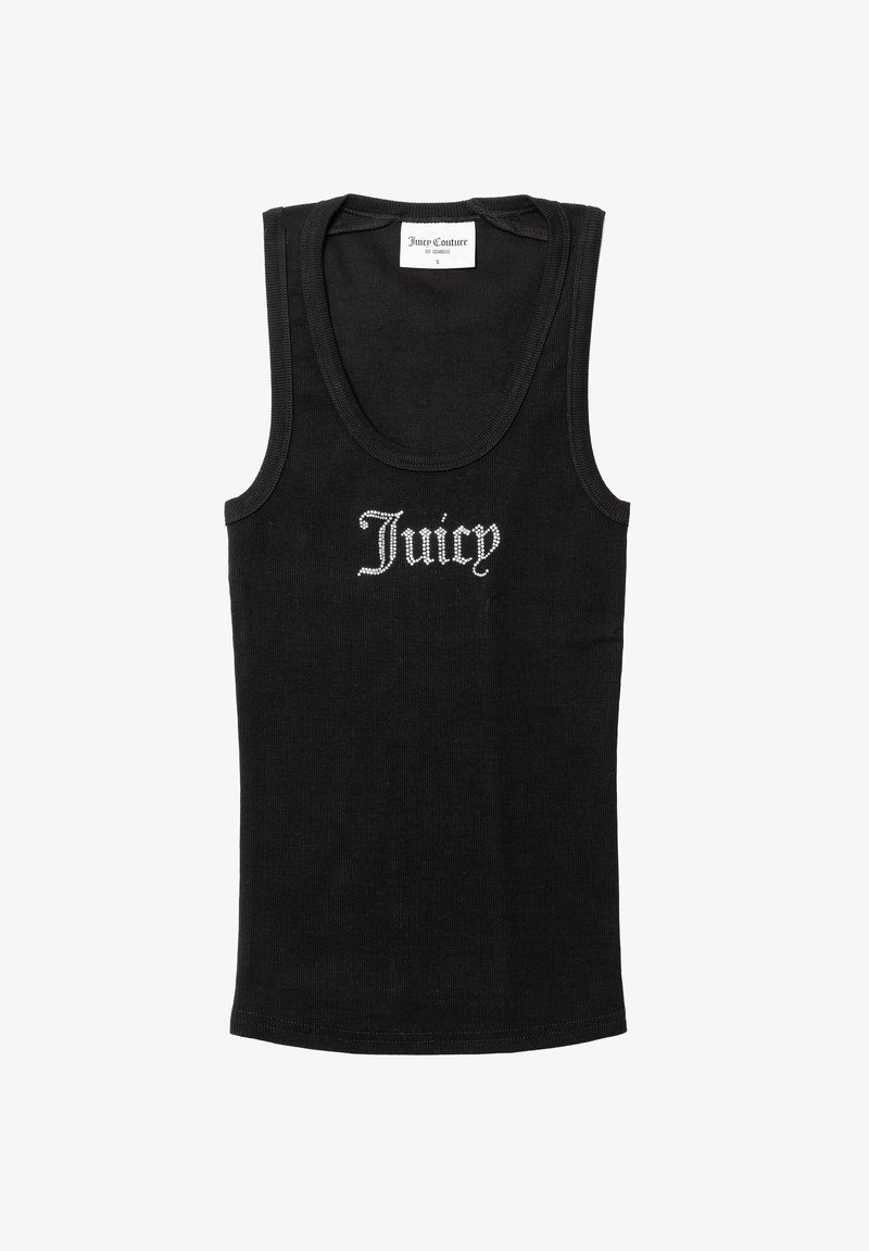 Top nero a costine con scollo a barca e la parola "Juicy" decorata con accenti di cristallo sul davanti.