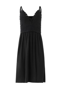 Schwarzes Kleid mit einem Häkeloberteil, das über einen V-Ausschnitt und verstellbare Träger verfügt, fließendem Rock und einem gerafften Taillenbereich für zusätzliches Volumen.