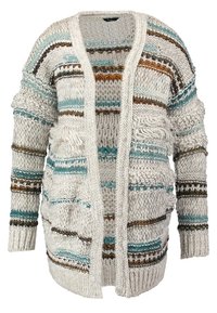 Stickad cardigan i gräddfärg med blå, brun och turkosrandiga mönster. Har en öppen framsida, långa ärmar och två framfickor. Strukturerad design.