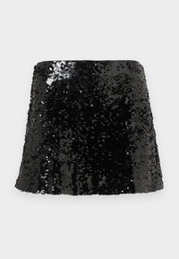 Mini-jupe noire à sequins avec une coupe ajustée, une texture brillante et une forme trapèze. Surface recouverte de sequins réfléchissants.