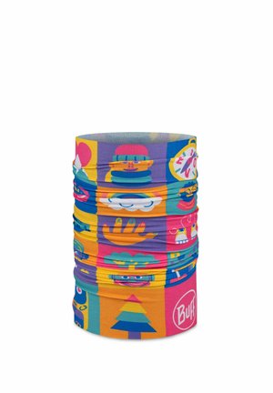Colorful multifunctional tubular scarf with cartoon faces, hand, clock, tree, and abstract shapes in bold, bright blocks.