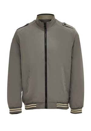 Lightweight gray bomber jacket with a zip closure, ribbed cuffs, and striped hem. Features shoulder epaulettes and side pockets.