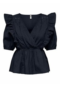 Blusa blu navy con maniche corte a volant, scollatura a V e dettagli in pizzo sulle spalle. Presenta una vita elastica e un tessuto testurizzato.