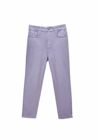 Pantalones de mezclilla lilas claros con un diseño de pierna recta, cierre de botón y cremallera, bolsillos delanteros y detalles de costura mínimos.