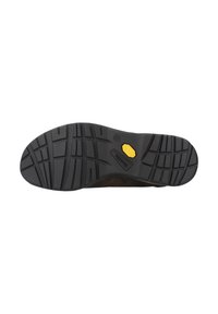 Semelle de chaussure en caoutchouc noir avec de profondes rainures de traction et un logo hexagonal jaune. Le talon est légèrement arrondi et façonné pour le confort.