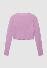 Różowy, prążkowany, krótki sweter z długimi rękawami i okrągłym dekoltem. Gładka faktura, dopasowany krój oraz subtelne detale w postaci przeszyć.