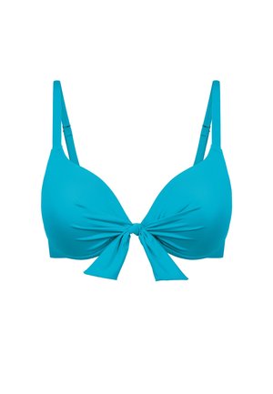 Jasnoniebieski top od bikini z regulowanymi ramiączkami i detalem w postaci wiązania z przodu.