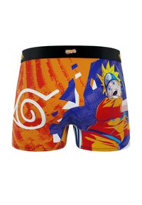 Boxers colorés avec un fond orange vif et un motif. Design imprimé d'un personnage, détail de tourbillon blanc et taille noire.