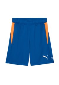 Kongeligt blå sports shorts med orange sidepaneler, med et hvidt Puma-logo og et design i fugtabsorberende stof.