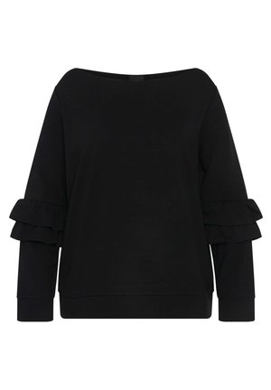 Schwarzer Pullover mit schulterfreiem Ausschnitt und Rüschendetails an den Ärmeln. Weicher Stoff und lockere Passform.