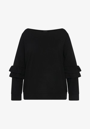 Zwarte sweatshirt met een off-the-shoulder halslijn en gerimpelde accenten op de mouwen. Zachte stof en losse pasvorm.