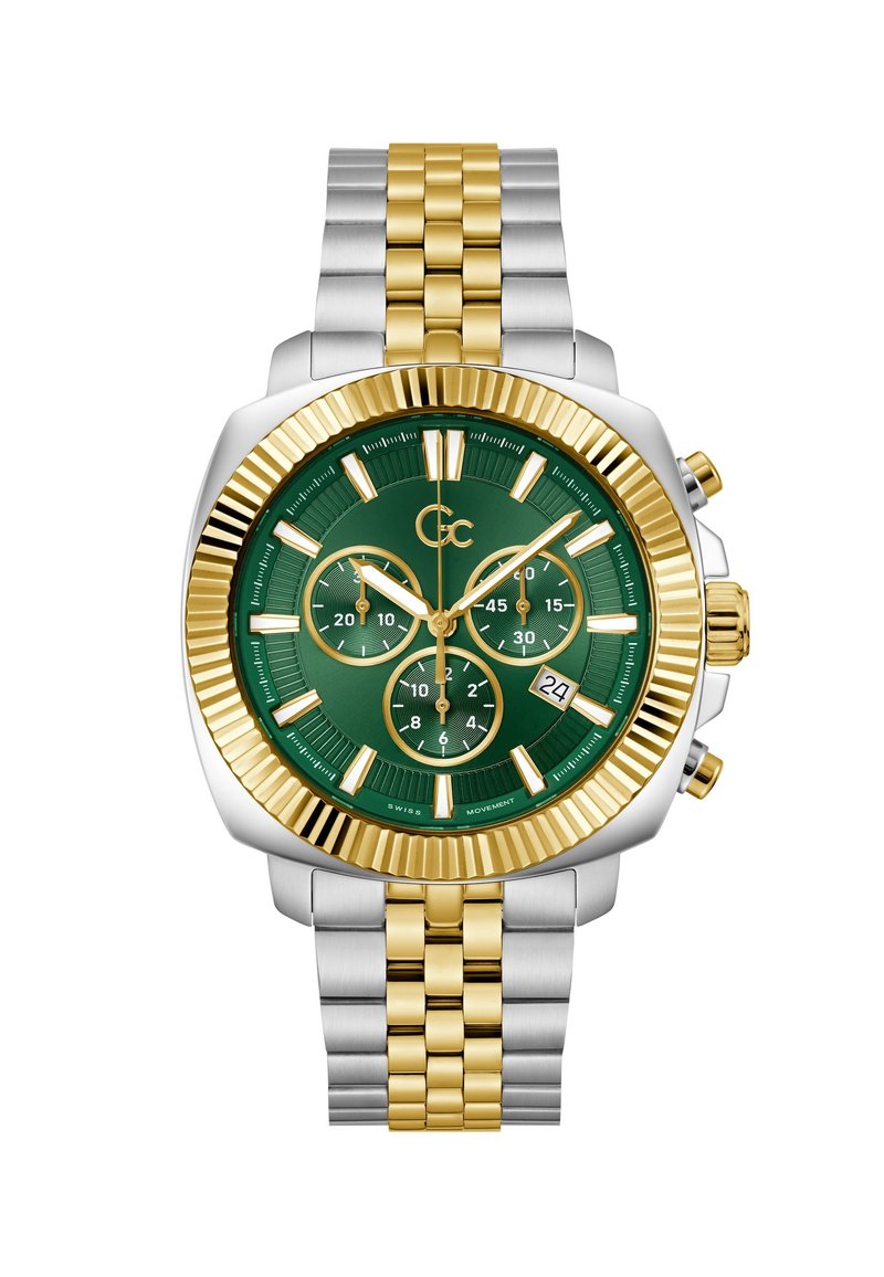 Chronograph-Uhr mit grünem Zifferblatt, gold-silberfarbenem Edelstahlarmband, geriffelter Lünette und drei Hilfszifferblättern mit Datumsanzeige.