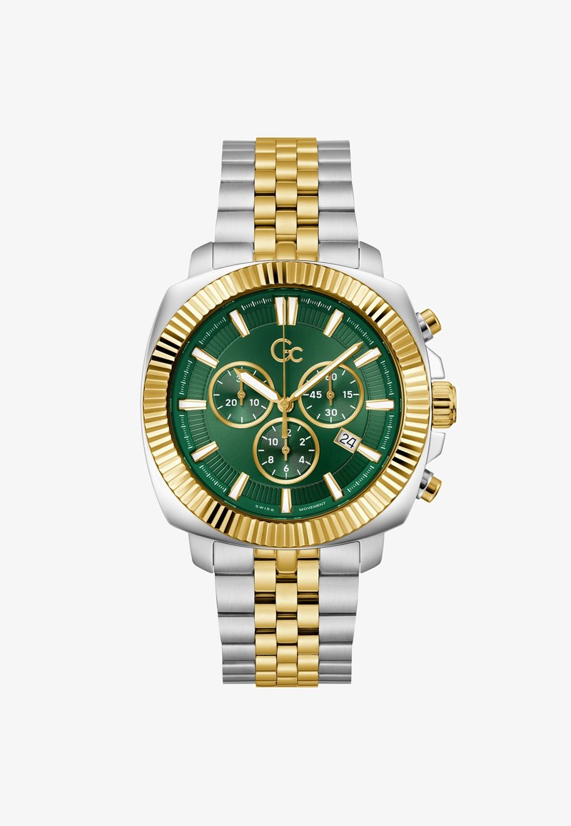 Chronograph-Uhr mit grünem Zifferblatt, gold-silberfarbenem Edelstahlarmband, geriffelter Lünette und drei Hilfszifferblättern mit Datumsanzeige.