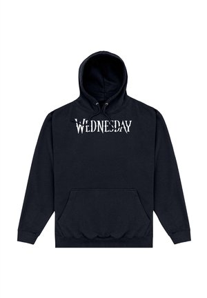 Schwarzer Kapuzenpullover mit einer Fronttasche und dem Wort "WEDNESDAY" in fett weißer Schrift quer über der Brust.