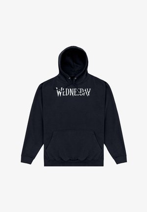 Czarna bluza z kapturem z przednią kieszenią i napisem "WEDNESDAY" w pogrubionej białej czcionce na klatce piersiowej.