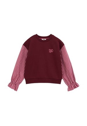 Weinrotes Sweatshirt mit rosa-weißen gestreiften Puffärmeln und "Spread the Love"-Text auf der Brust.