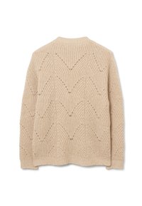 Beige Strickjacke mit einem strukturierten Zickzackmuster, rundem Ausschnitt und gerippten Bündchen. Weiches Material mit einem offenen Webdesign.
