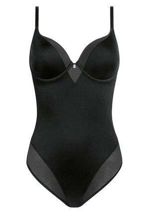 Bodysuit negro con copas moldeadas, tirantes ajustables y paneles de tul. Textura suave con un diseño elegante y escote en forma de V.
