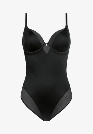 Bodysuit negro con copas moldeadas, tirantes ajustables y paneles de tul. Textura suave con un diseño elegante y escote en forma de V.