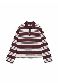 Bordeauxrood-wit gestreept poloshirt met lange mouwen, een kraag en drie knopen, met een boxy pasvorm en een zachte stoftextuur.