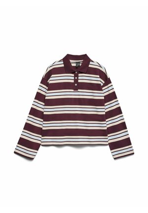 Bordeauxrood-wit gestreept poloshirt met lange mouwen, een kraag en drie knopen, met een boxy pasvorm en een zachte stoftextuur.