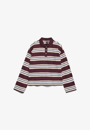Polo à manches longues rayé bordeaux et blanc avec col et trois boutons, doté d'une coupe carrée et d'une texture de tissu douce.