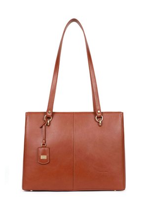 Borsa tote in pelle marrone con due scomparti principali, manici lunghi, dettagli in oro e un'etichetta removibile per un tocco aggiuntivo.