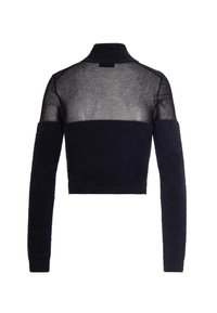 Marineblauer, verkürzter Pullover mit Stehkragen, der im oberen Bereich aus transparentem Mesh und im unteren Teil sowie an den Ärmeln aus strukturiertem Material besteht.