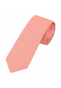 Helle rosa Krawatte aus strukturiertem, geripptem Stoff. Klassische Form mit spitzem Ende und rollbarer Form zur Aufbewahrung. Einfaches und elegantes Design.