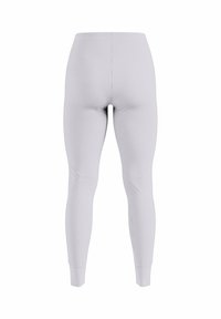 Light gray, full-length leggings shown from the back with a high waistband and ankle cuffs on a white background.