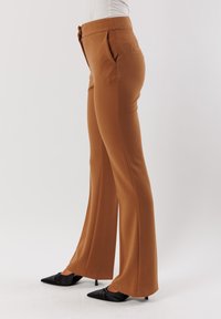 Pantaloni marroni a vita alta con pince e una cintura aderente. Il tessuto ha una texture liscia e i pantaloni presentano gambe larghe e fluide.