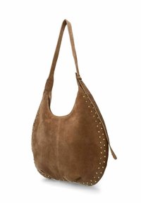 Sac hobo en daim marron avec une seule sangle, présentant des accents en clous dorés sur un côté et une forme arrondie et douce.