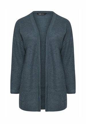 Gebreide cardigan in een diepe teal kleur met een relaxte pasvorm, open voorkant en driekwart mouwen; met structuurpatroon en lichte ribbels.