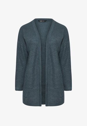 Gebreide cardigan in een diepe teal kleur met een relaxte pasvorm, open voorkant en driekwart mouwen; met structuurpatroon en lichte ribbels.
