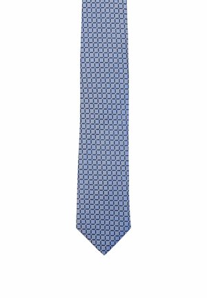 Blue patterned tie featuring a geometric design with squares and circles, made of a smooth fabric, tapering to a pointed end.
