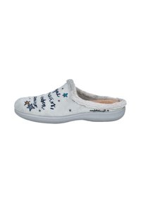 Zapatilla deslizante gris con forro de felpa, diseños en forma de estrella y bordado de texto en cursiva en la superficie superior del tejido.