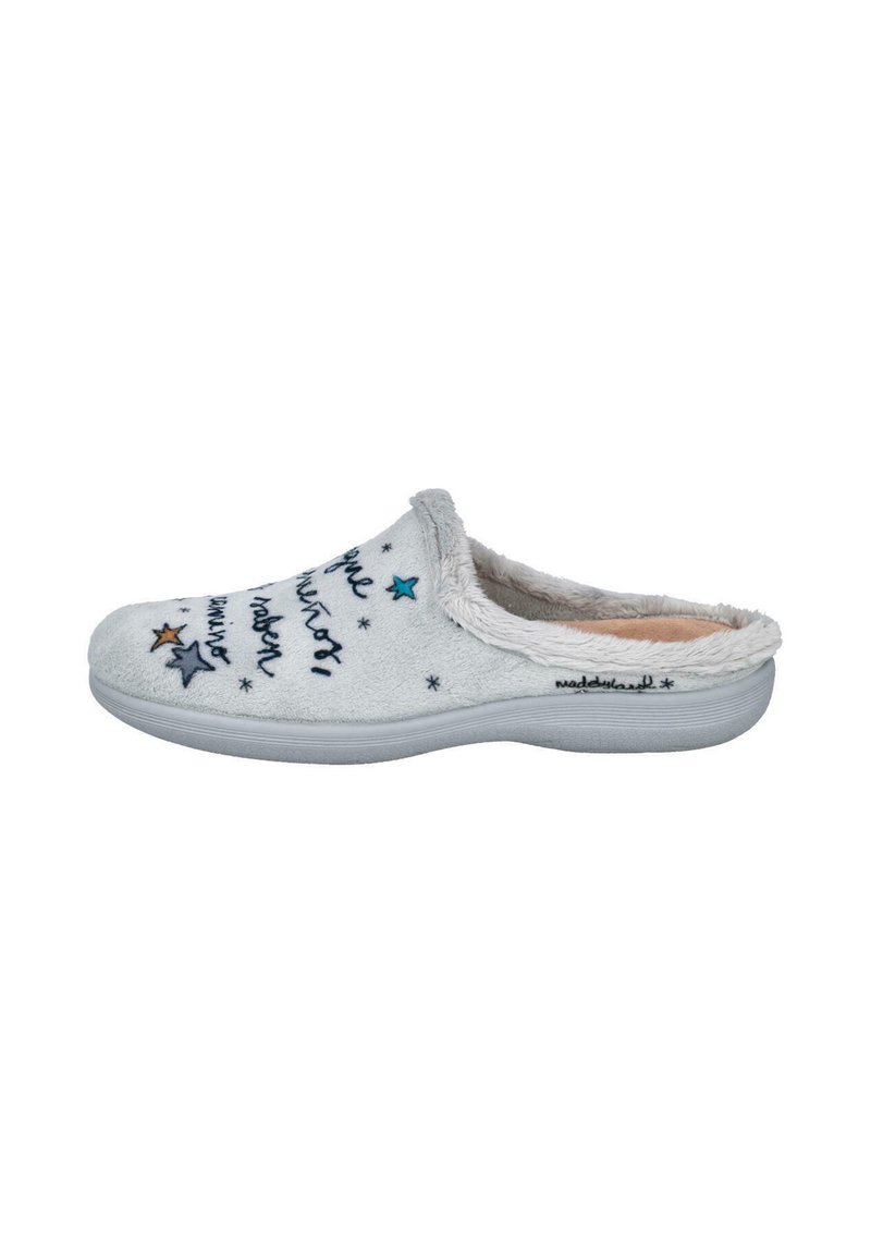 Zapatilla deslizante gris con forro de felpa, diseños en forma de estrella y bordado de texto en cursiva en la superficie superior del tejido.