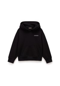 Sweatshirt à capuche noir en tissu doux, avec une poche avant et des poignets côtelés. Comprend un design de logo au niveau de la poitrine.